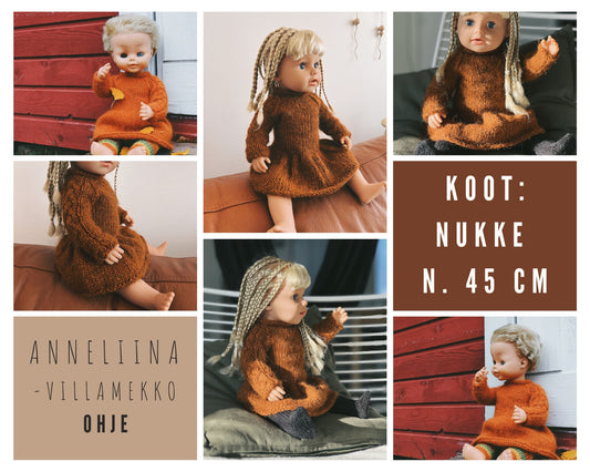 Neuleohje nuken Anneliina-villamekkoon (koko: n. 45 cm nukke)